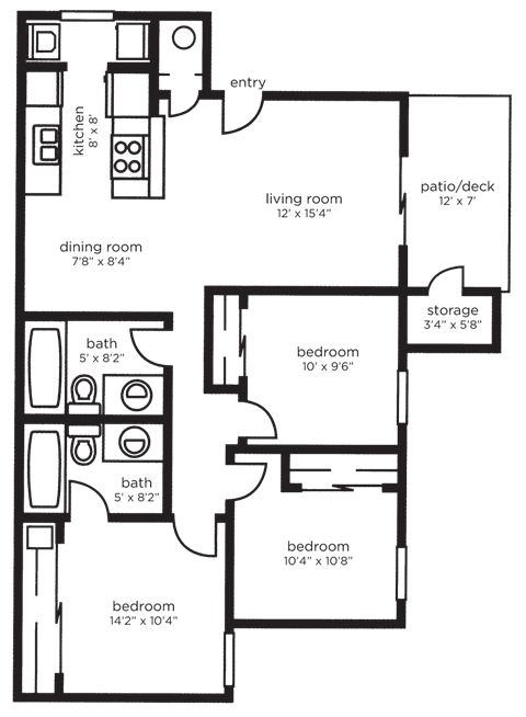 Floor plan for 3 beds, 2 baths, 1022 sqft